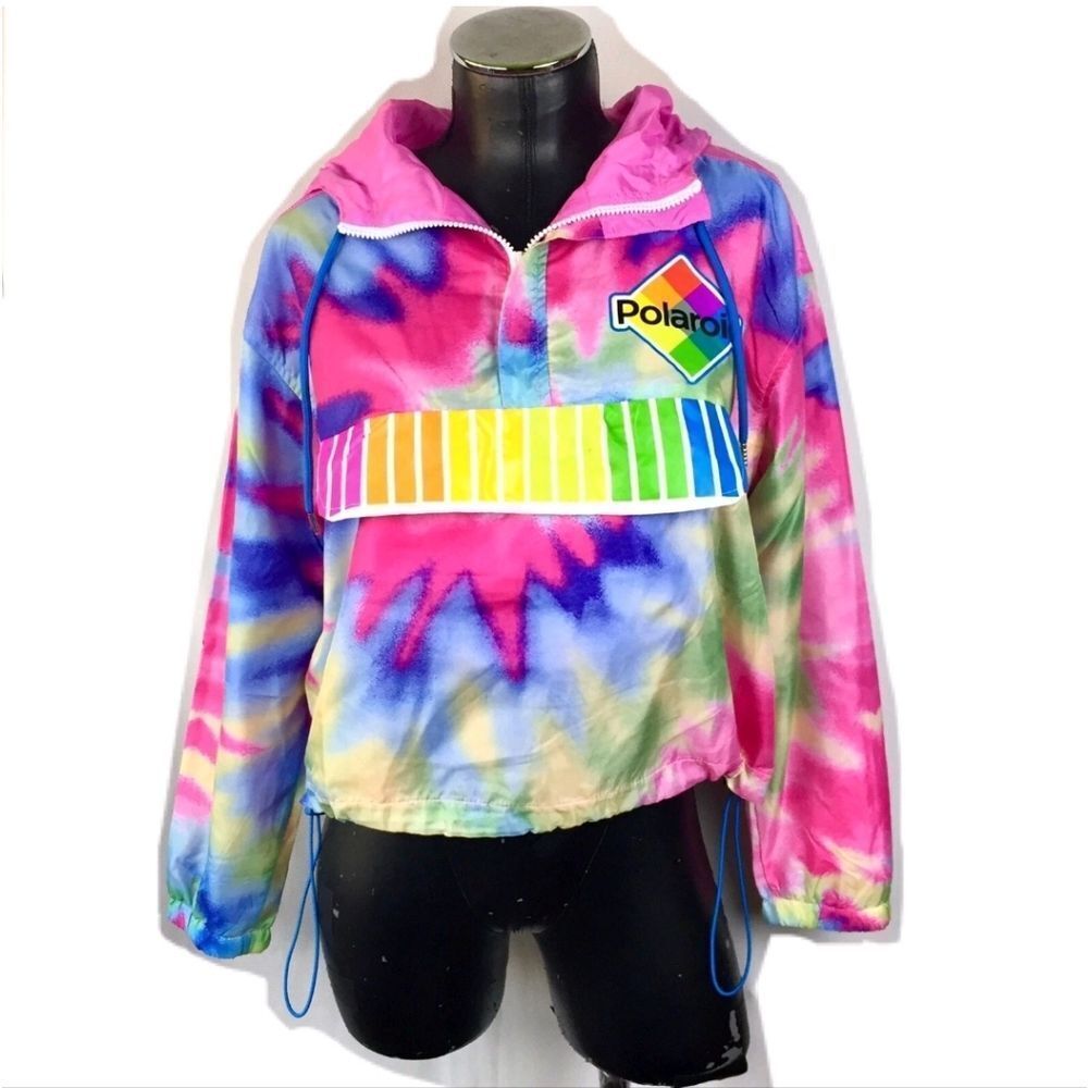 Polaroid Windbreaker Hoodie Size Medium Gorpcore Dopamine Y2K 70's Rainbow Pride
